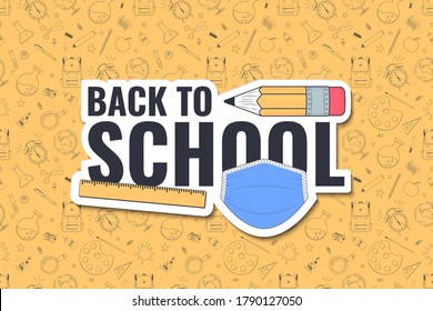 Back to school. Back to school logo with medical mask on doodles background. Vector illustration