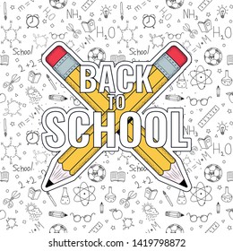 Back to school. Back to school logo on doodles background. Vector illustration
