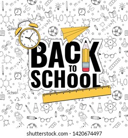 Back to school. Back to school logo on doodles background. Vector illustration