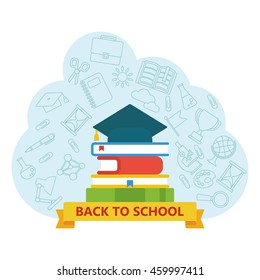 Back to school Logo with school supplies icons. Textures, backgrounds and templates for promotional materials and fabrics. Cartoon flat vector illustration. Objects isolated on a white background.