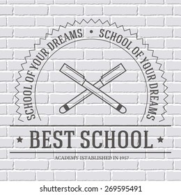 back to school logo or template on a white brick wall. Vector illustration with thin lines isolated icon for your product or design, web and mobile applications with text stamp.