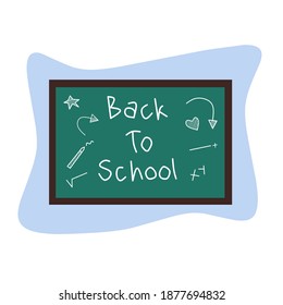 Back to school logo text design on greenboard handwriting using chalk, vector illustration. Education concept. Flat doodle style. Simple abstract design decoration