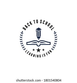 back to school logo, with unique books and stationery that reflect the enthusiasm and fun of learning together