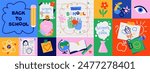 Back to school long horizontal banner, background. Simple flat style education icons, symbols, doodles. Art collage, papers, hand drawn design elements. Bright colorful school subjects conept.