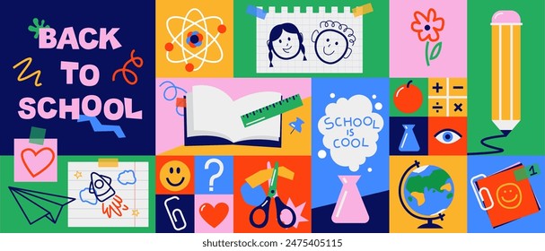 De vuelta a la escuela largo Anuncio Horizontal, fondo. Sencillos iconos de educación de estilo plano, símbolos, garabatos. Collage de arte, papeles, Elementos de diseño dibujados a mano. Concepto de temas escolares coloridos y brillantes.