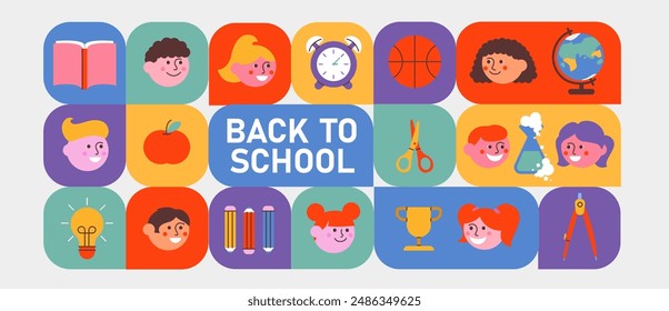 Back to school long horizontal banner, background. Simple flat style education icons, symbols, doodles. Art collage,design elements. Bright colorful school subjects conept.