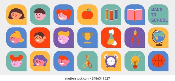 Back to school long horizontal banner, background. Simple flat style education icons, symbols, doodles. Art collage,design elements. Bright colorful school subjects conept.