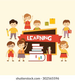 Back to school. Lovely children learn on the background board andbook