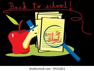 Back to school with magnifying glass and sheets of paper