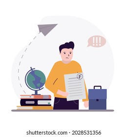 Back to school. Male student gets lowest grade for lesson or homework. Pupil getting bad marks. Studying badly and low mark. Concept of learning, education and knowledge. Flat vector illustration