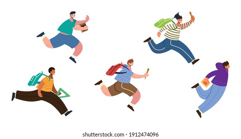 back to school male students with a rucksacks running vector illustration