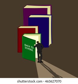 Back to school. Man opens book. Time to education.  Light and shadow. Vector illustration