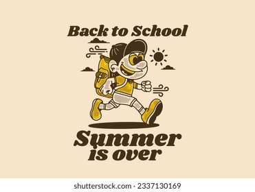 Back to school, mascot character design of a boy carrying a school bag, in vintage style
