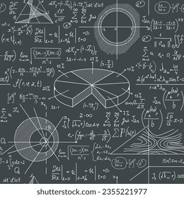 "Back to school" math vector seamless pattern with handwritten formulas, figures and equations on a grey background