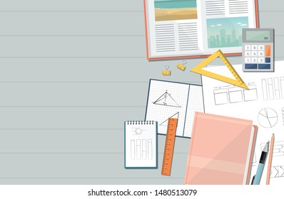 Back to school. Mathematics, geometry accessories on wooden background. Top view. Vector