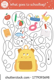 Back to school maze for children. Preschool printable educational activity. Funny puzzle with cute school bag and things. What goes to schoolbag? Autumn game for kids with pupil. 
