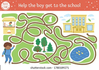 Back to school maze for children. Preschool printable educational activity. Funny puzzle with cute schoolboy, road map, park. Help the boy get to the school. Autumn game for kids with pupil. 
