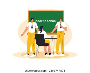 Back to school and meeting new friends, talking together in class, vector illustration.