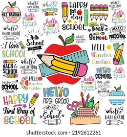 Back to School Mega vector Bundle, Hello School icon set, Teacher vector, Teacher SVG | 100 days of School vector. Kindergarten icon. First day of school design.Teacher Gift vector.