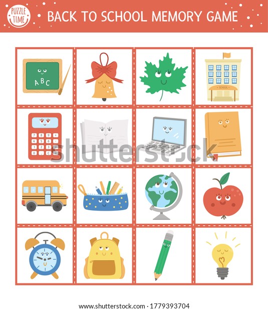 Back School Memory Game Cards Cute Stock Vector (Royalty Free ...