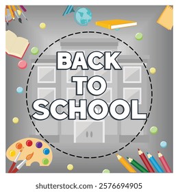 Back to school message, education related supplies, and a school building. Perfect for academic promotions, educational materials, and seasonal back to school campaigns. 