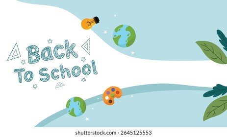 Back to school message with globe palette bulb and leafy decoration on blue background