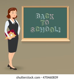 back to school message on blackboard and teacher with notebook. vector cartoon illustration