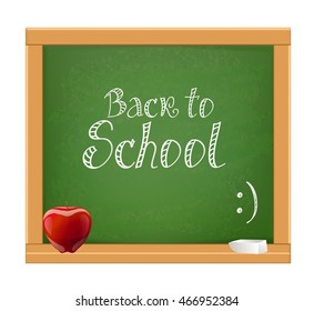 back to school message on wooden chalkboard with red apple and chalk. vector illustration 