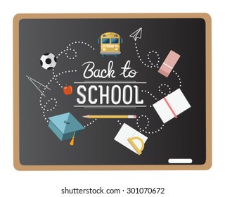 Back to school message surrounded by icons vector on chalkboard