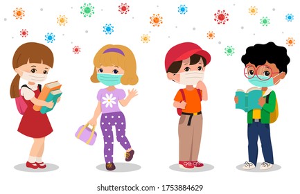 Back To School In The Middle Of Corona Virus Pandemic Situation. Boy And Girl Student Wear Facial Mask To Avoid Virus Contagion. Flat Vector Isolated On White Background