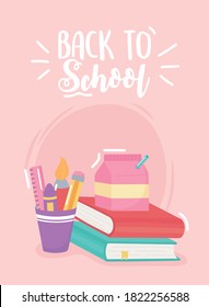 back to school, milk box lunch pencils and book, elementary education cartoon vector illustration