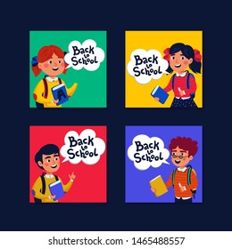 Back to school Mini cards collection. Cards with boys and girls and back to school text. Flat style vector illustration.