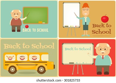 Back to School Mini Posters Set in Retro Style. Vector Illustration.