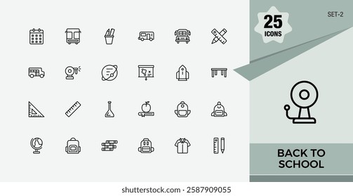 Back To School minimal icon set. Contain linear outline icons chemistry, bag, diploma, stationery, biology, test, paint, certificate. Pixel perfect. Minimalist vector collections.