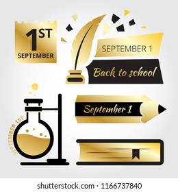 Back to school minimal icons. Black and gold style.