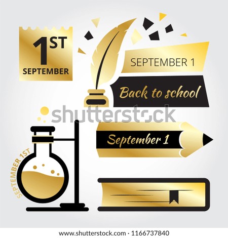 Back to school minimal icons. Black and gold style.
