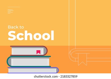 Back to school minimal trendy horizontal poster with book and text. Season educational advertising background orange color creative flyer design. Flat simple minimalistic vector eps banner