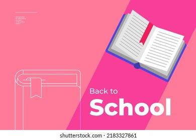 Zurück zur Schule minimaltrendiges horizontales Poster mit Buch und Text. Jahreszeit pädagogische Werbe-Hintergrund rosafarbene Farbe kreative Flyer Design. Flaches, einfaches, minimalistisches Vektorbanner