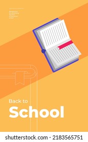 Back to school minimal trendy vertical poster with book and text. Season educational advertising background orange color creative flyer design. Flat simple minimalistic vector eps banner