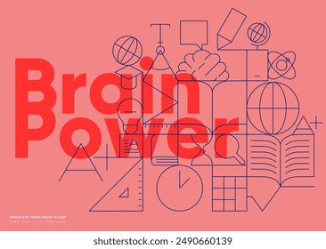 Back to school. Minimalist educational concept poster featuring geometric illustrations and brain iconography on a red background.