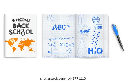 Back To School. Mock Up Of Open And Closed School Notebooks Isolated On White Background. Vector Illustration.