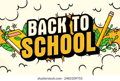 back to school modern banner with cloud and yellow background and vector books and pencils