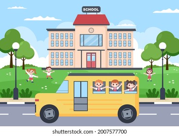 Zurück zur Schule, modernes Gebäude und Bus im Vorgarten mit einigen Kindern. Hintergrundbild-Landing-Page-Illustration