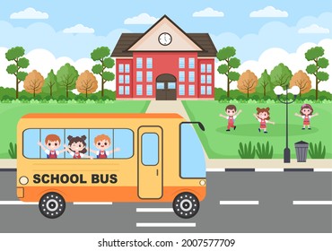 De vuelta a la escuela, edificio moderno y autobús en el Anfitrión con algunos niños. Ilustración de la página de aterrizaje en segundo plano