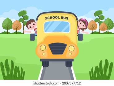 Back To School, Modern Building and Bus in the Front Yard With Some Children. Background Landing Page Illustration