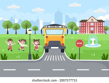 Back To School, Modern Building and Bus in the Front Yard With Some Children. Background Landing Page Illustration