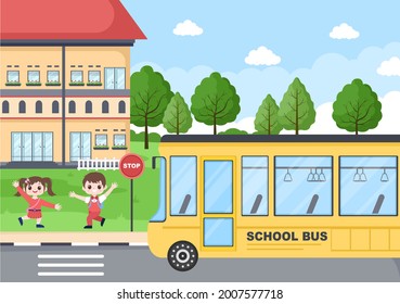 Back To School, Modern Building and Bus in the Front Yard With Some Children. Background Landing Page Illustration