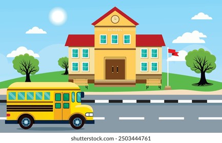 Back To School, Modern Building and Bus in the Front Yard With Some Children. Background Landing Page Illustration