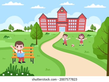 Back To School, Modern Building and Some Children Are Playing In The Front Yard. Background Landing Page Illustration