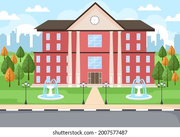 Back To School, Modern Building and View Front Yard With Green Grass And Trees. Background Landing Page Illustration